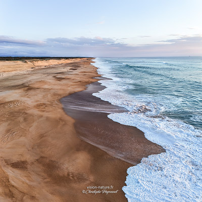 Cliquer pour agrandir la photo Grande plage des Landes et vagues depuis le ciel - format carré